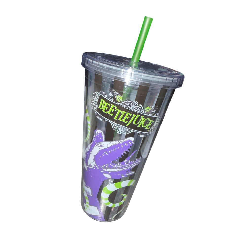 Beetlejuice Sandworm Acrylic Tumbler with Straw Black White Striped Travel Cup